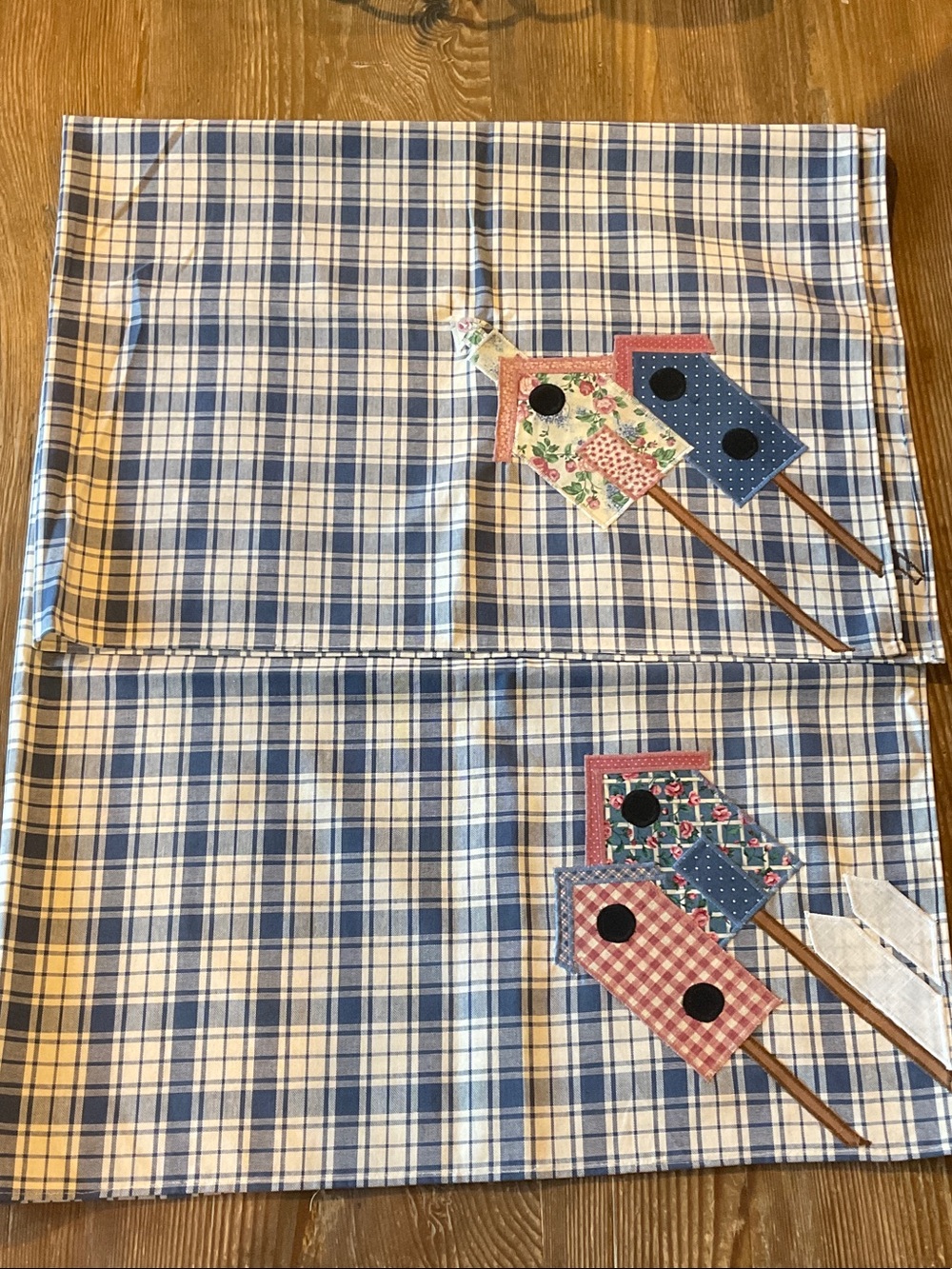 Handmade Blue Plaid Table Runner with Appliqué Birdhouses on each corner 45x45”